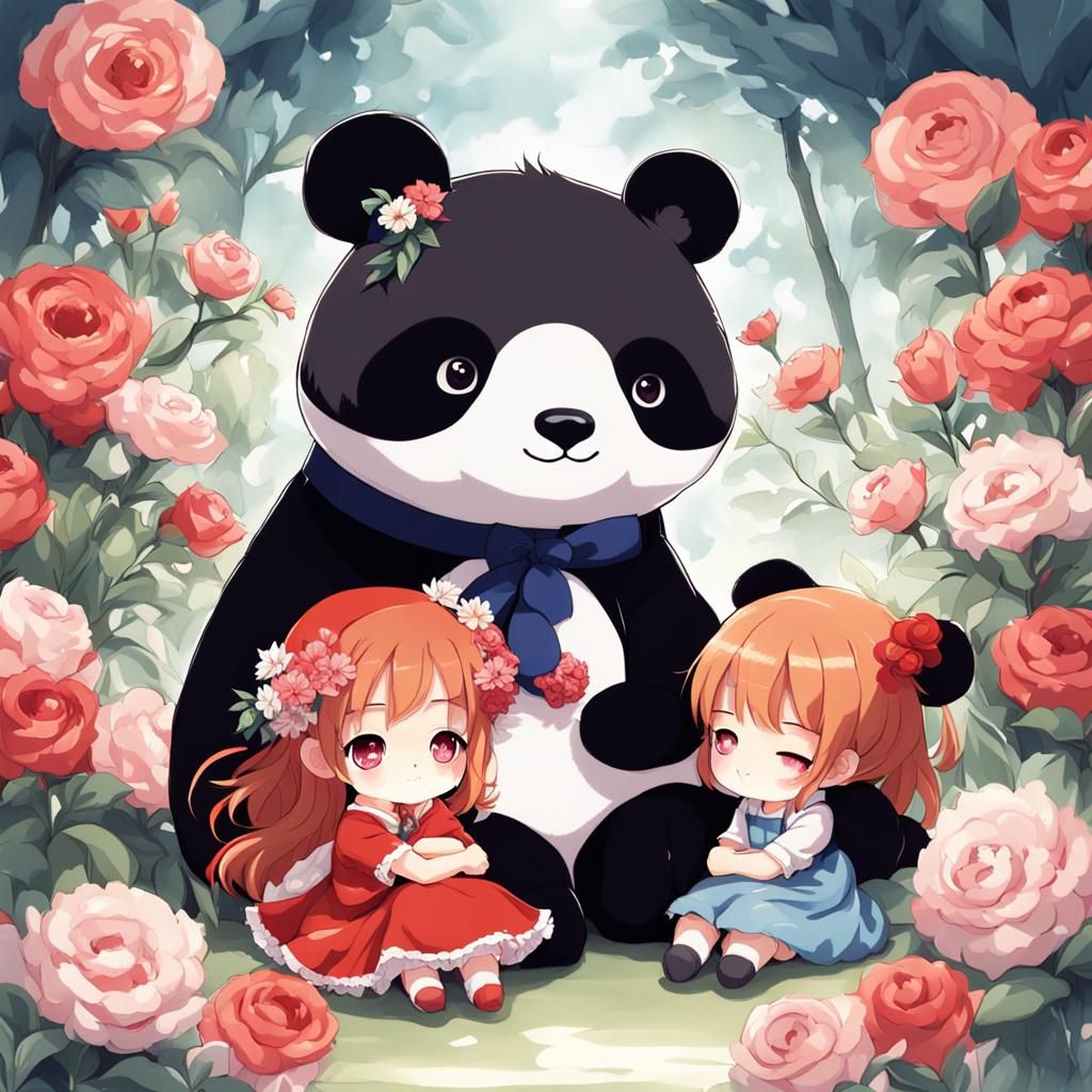Anime Flower Girls Hugging Panda Plushies