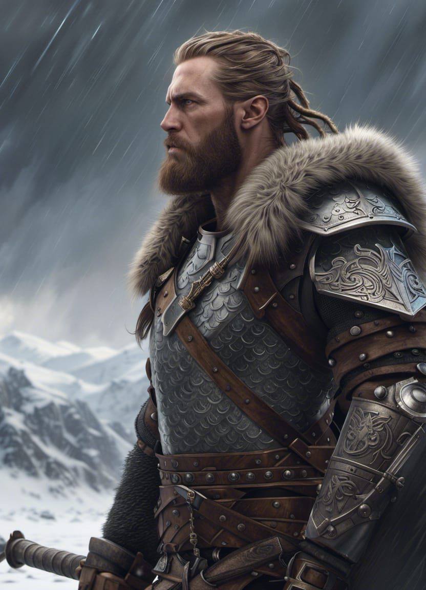 Fierce Viking Portrait in Snowy Landscape