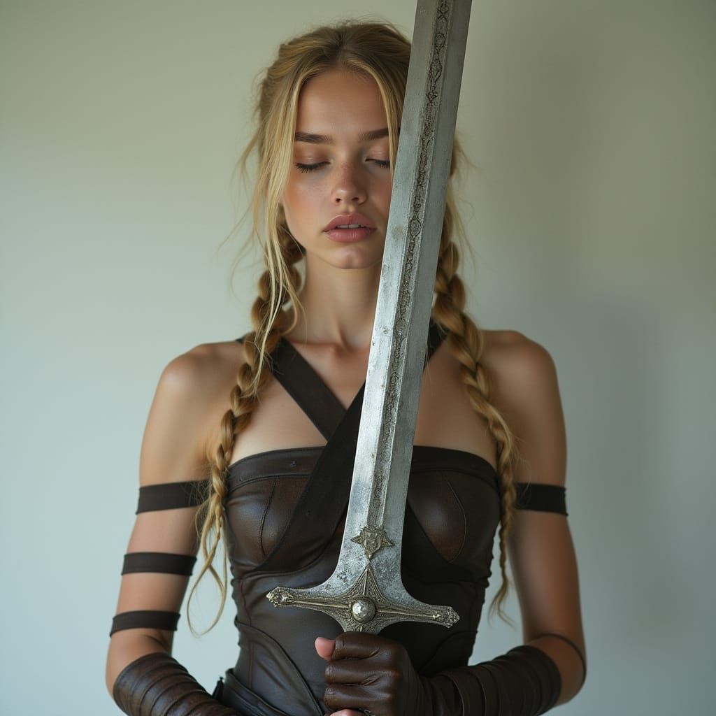 Viking Woman with Sword in Realistic Style