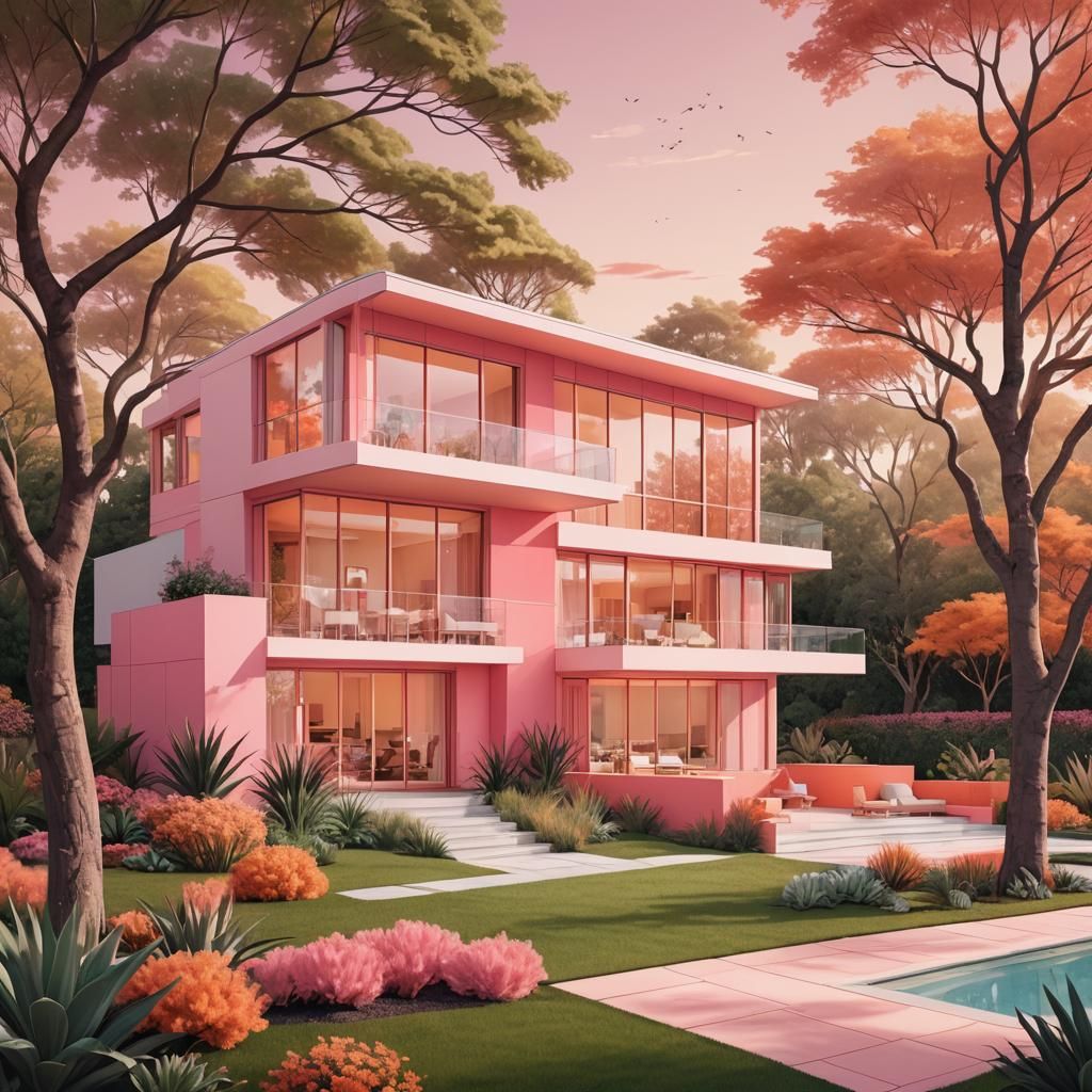 Modern Pink and Orange House in Digital Art Style