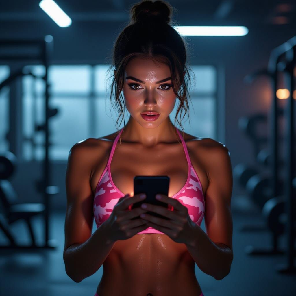 Woman in Pink Camo Bikini Lit by Smartphone