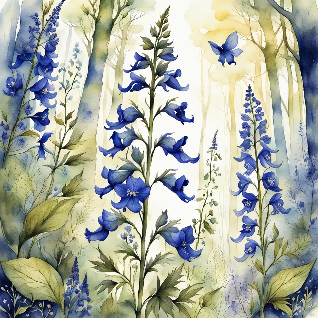 Enchanting Botanical Illustration of Delphinium and Monkshoo...