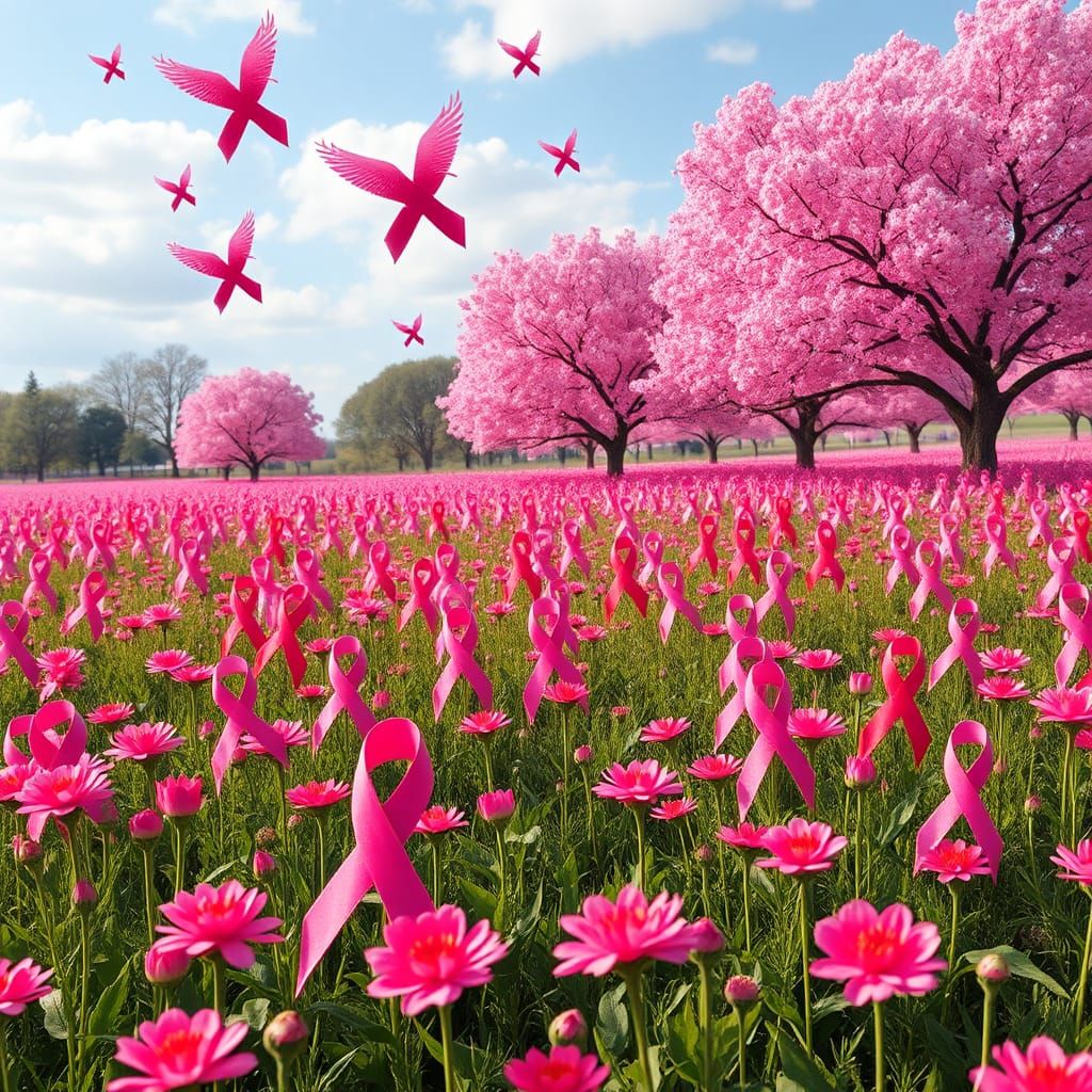Pink Ribbon Flower Field: Hyperrealistic Digital Art