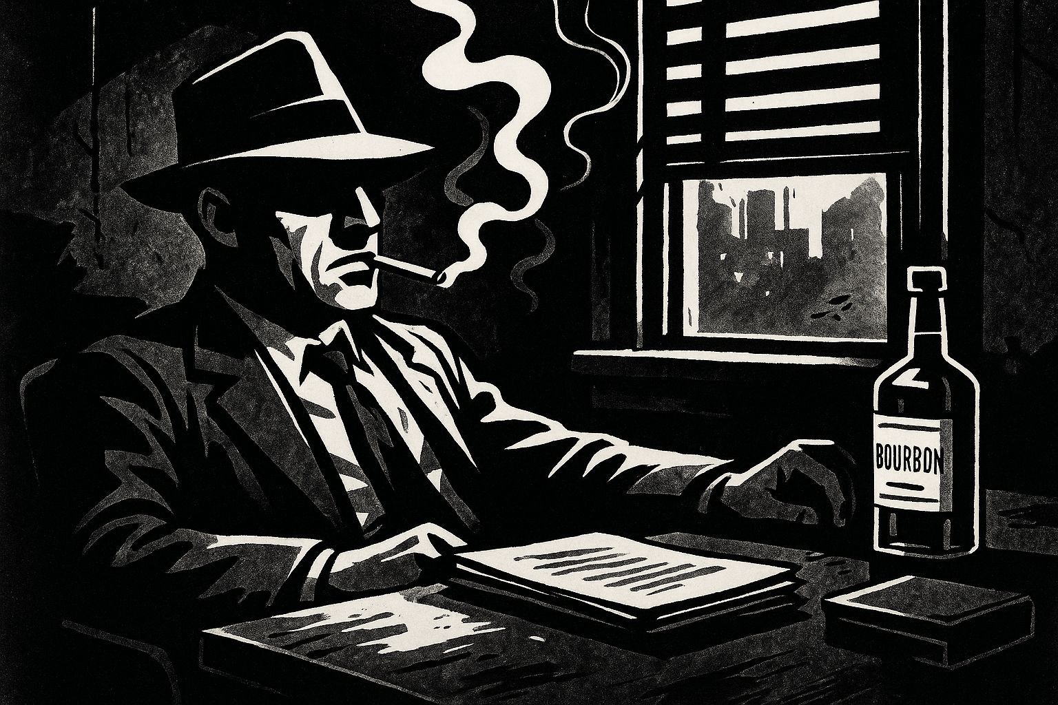 Classic Black and White Photo of a Private Eye in Smoky Offi...