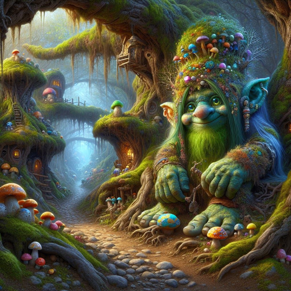 Whimsical Troll Village in Hyperrealistic Digital Art