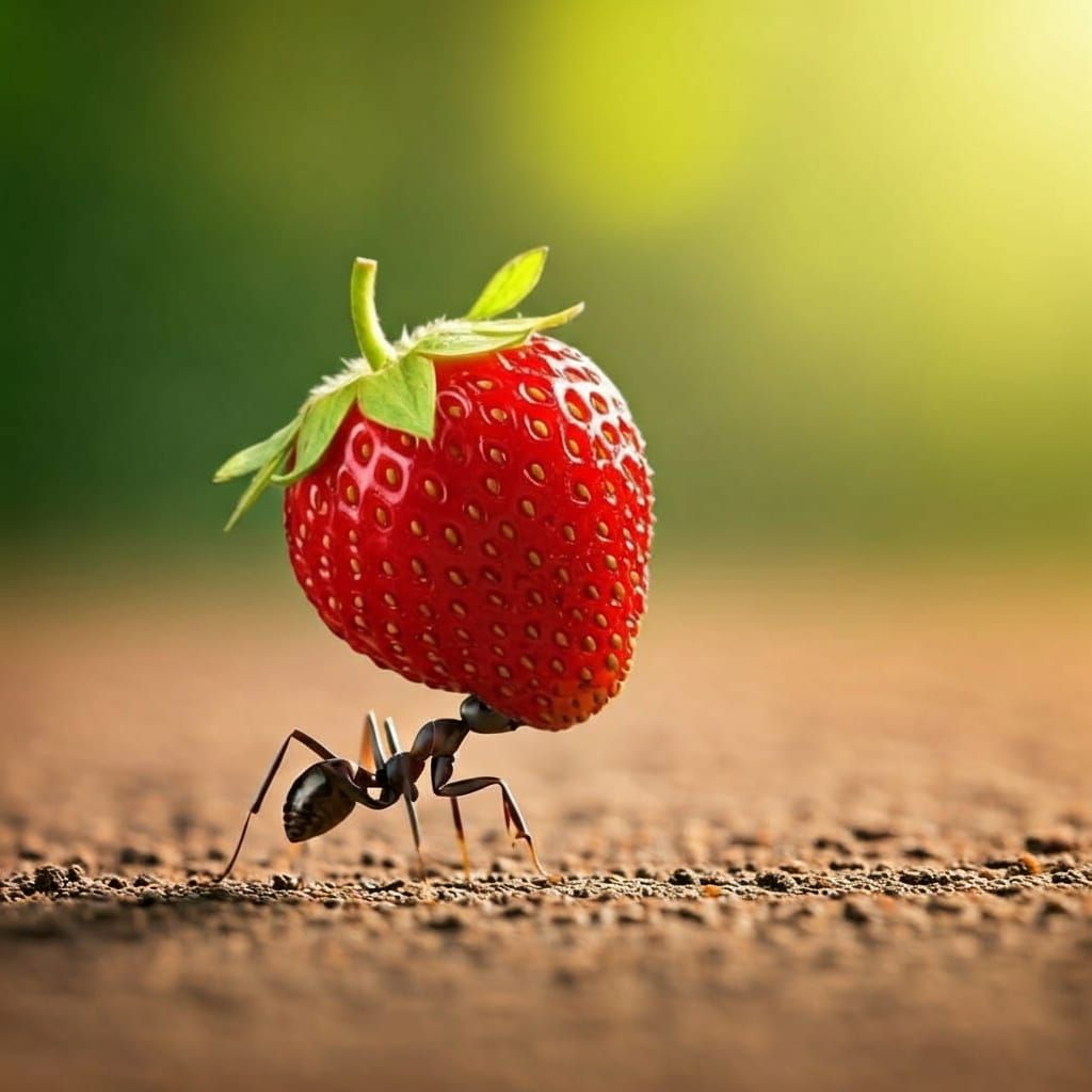 Ant Carries Giant Strawberry on Dirt Road
