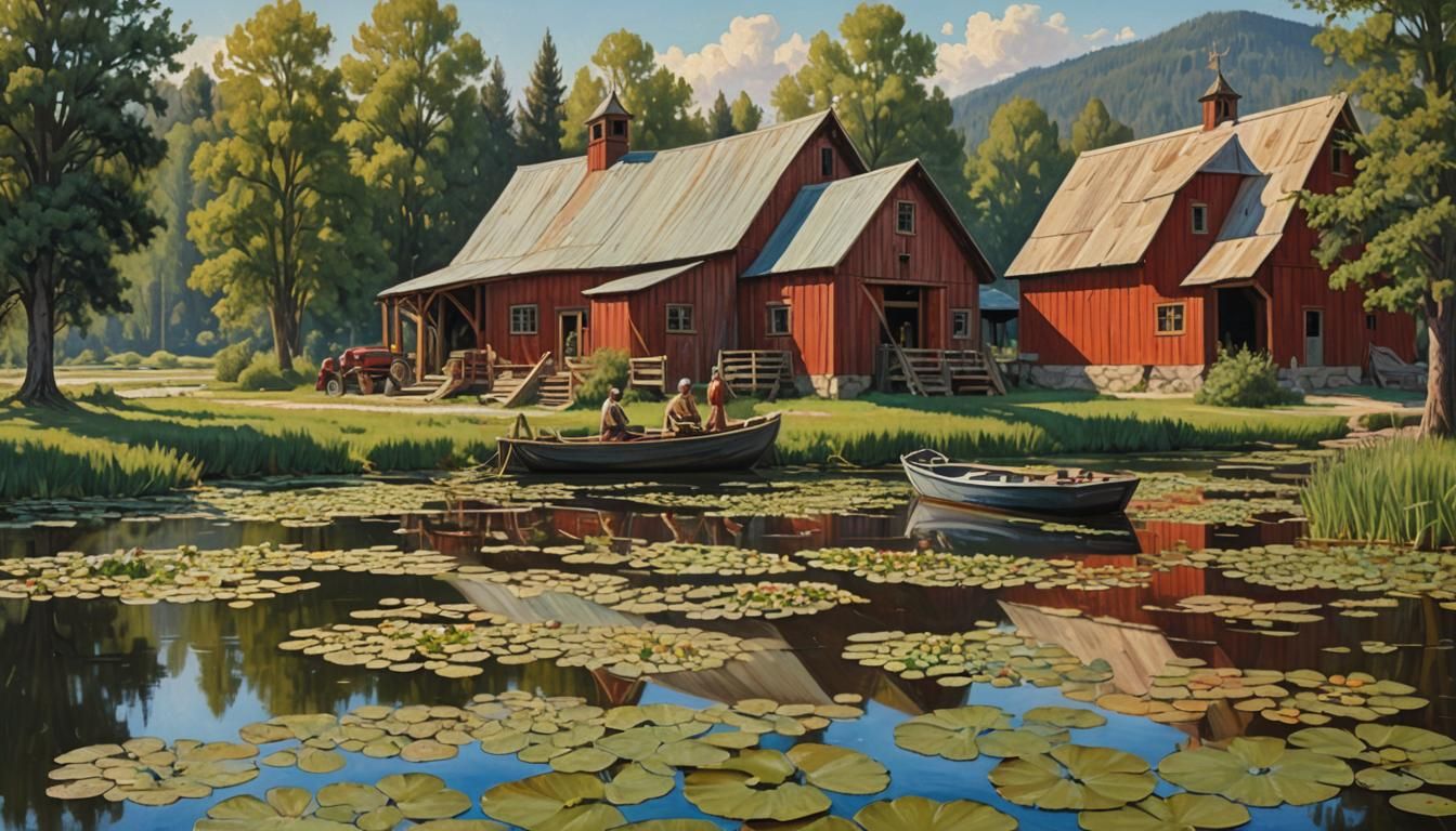 River Boat Painting in Naturalistic Style
