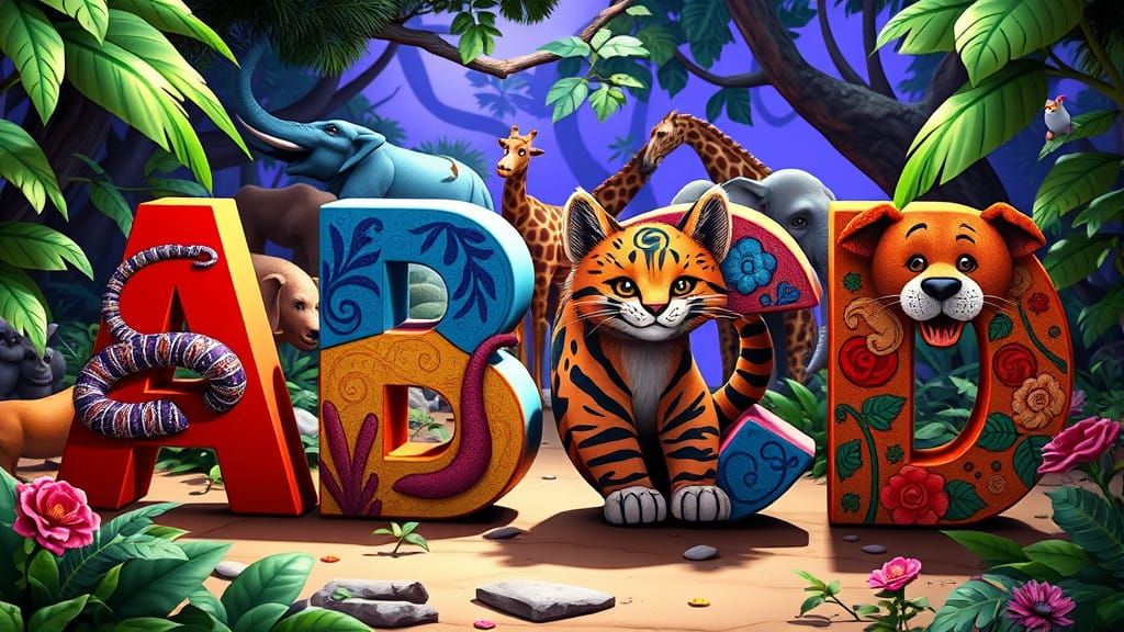 Vibrant 3D Jungle Alphabet Adventure with Bold Fonts and Wil...