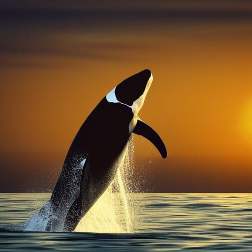 Powerful Orca in Ocean Sunset, Ansel Adams Style