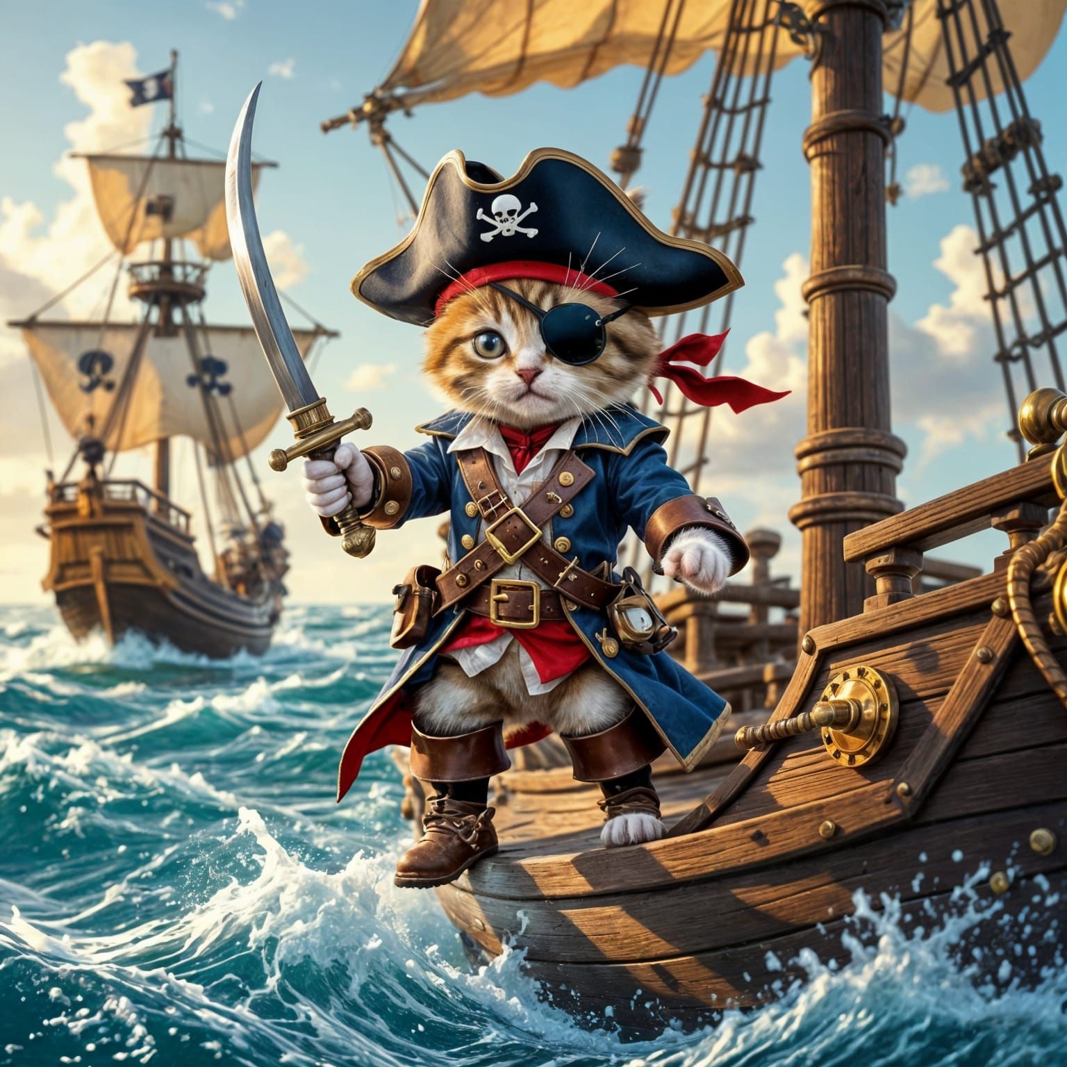 Kitten Pirate Attack on Steampunk Sailing Ship