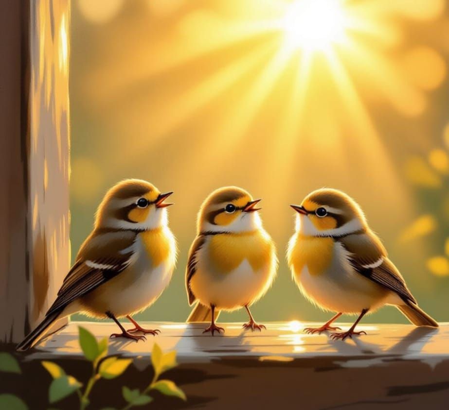 Three Little Birds Sing Sweet Songs with Sunrise