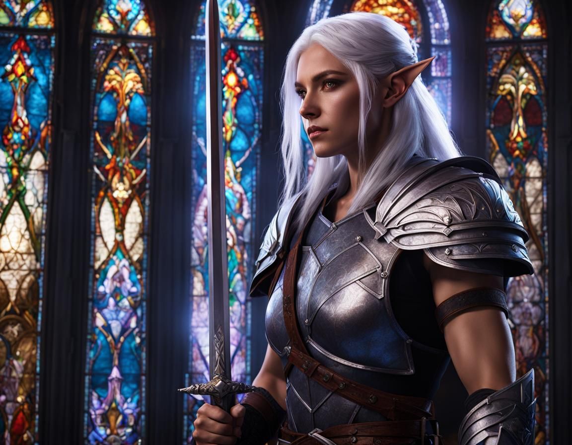 Muscular Barbarian Woman in Church, Detailed Matte Painting