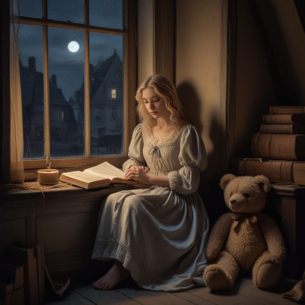 Art Nouveau Blond Girl in Attic with Teddy Bear and Books