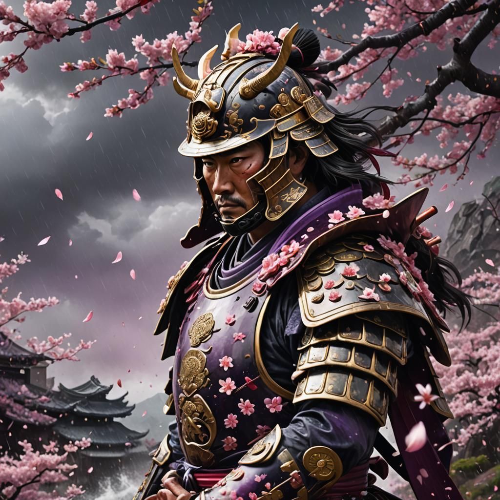 Samurai in Cherry Blossom Storm: Hyperrealistic Concept Art
