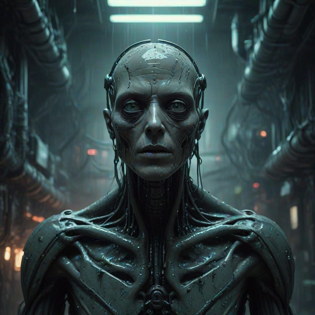 Cyborg Transformation in Alien Spaceship: Tech Noir Scene