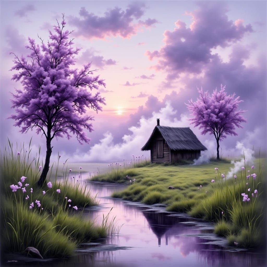 Pastel Cabin Scene at Sunset with Lavender Hues