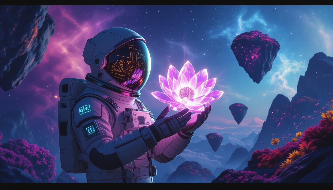 Astronaut with Bioluminescent Flower in Nebula