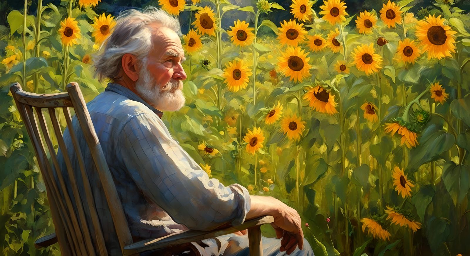 Old Man Watching Sunflowers in Vibrant Garden