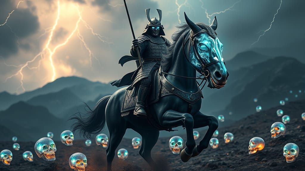 Samurai Warrior Charges Across Stormy Battlefield with Glowi...
