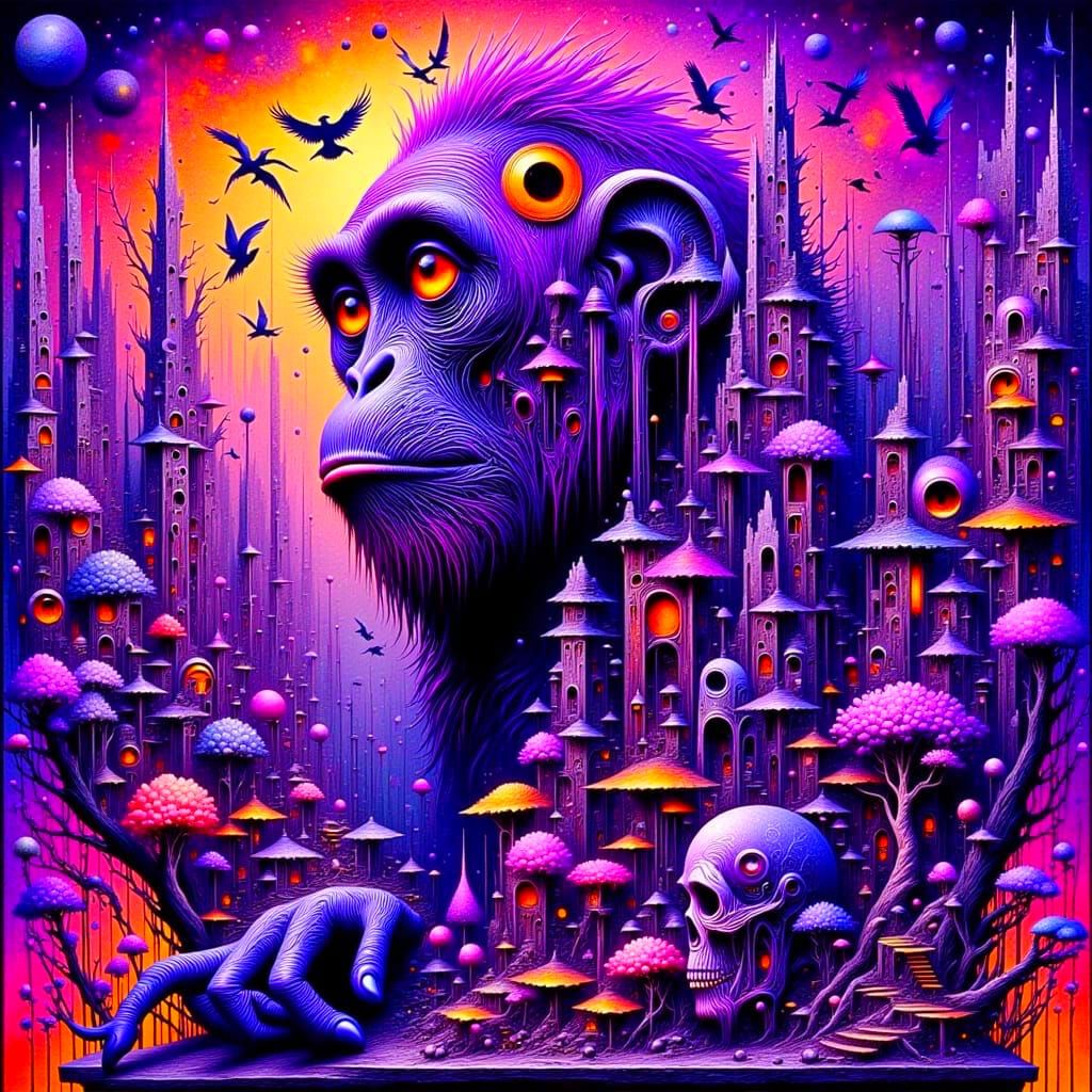 Ethereal Orangutan Emerges from Swirling Purple Realms