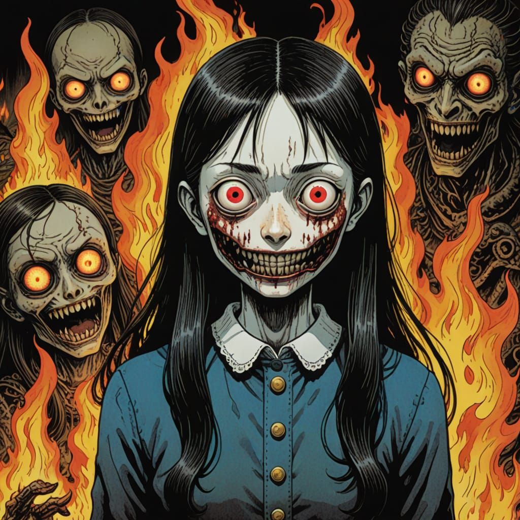 Ethereal Horror Girl in Infernal Flames