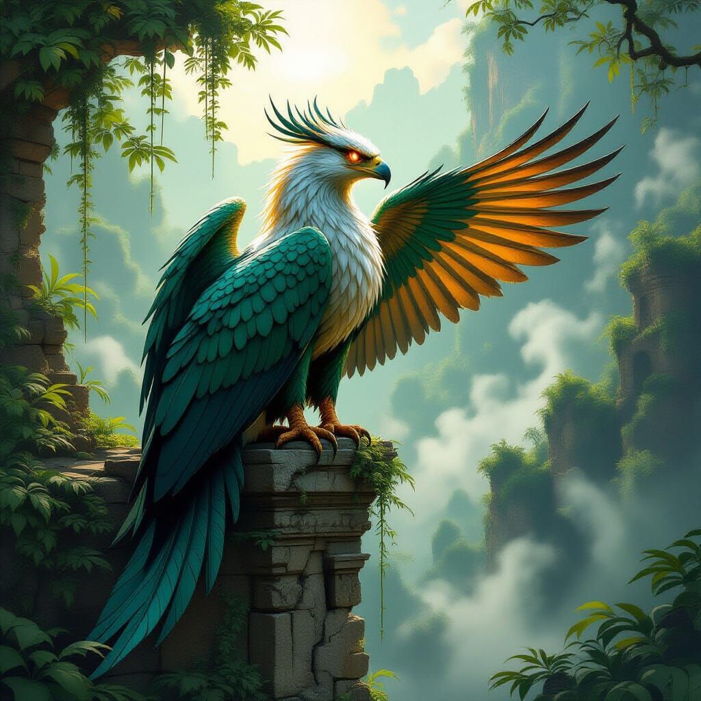 Majestic Griffin on Ancient Ruin in Misty Jungle
