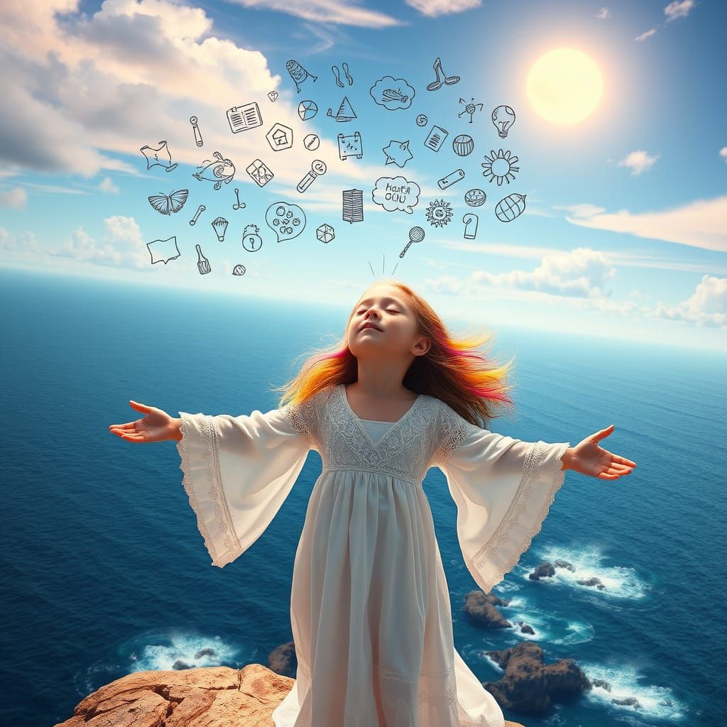 Young Girl on Serene Cliff with Vibrant Hair and Ocean View
