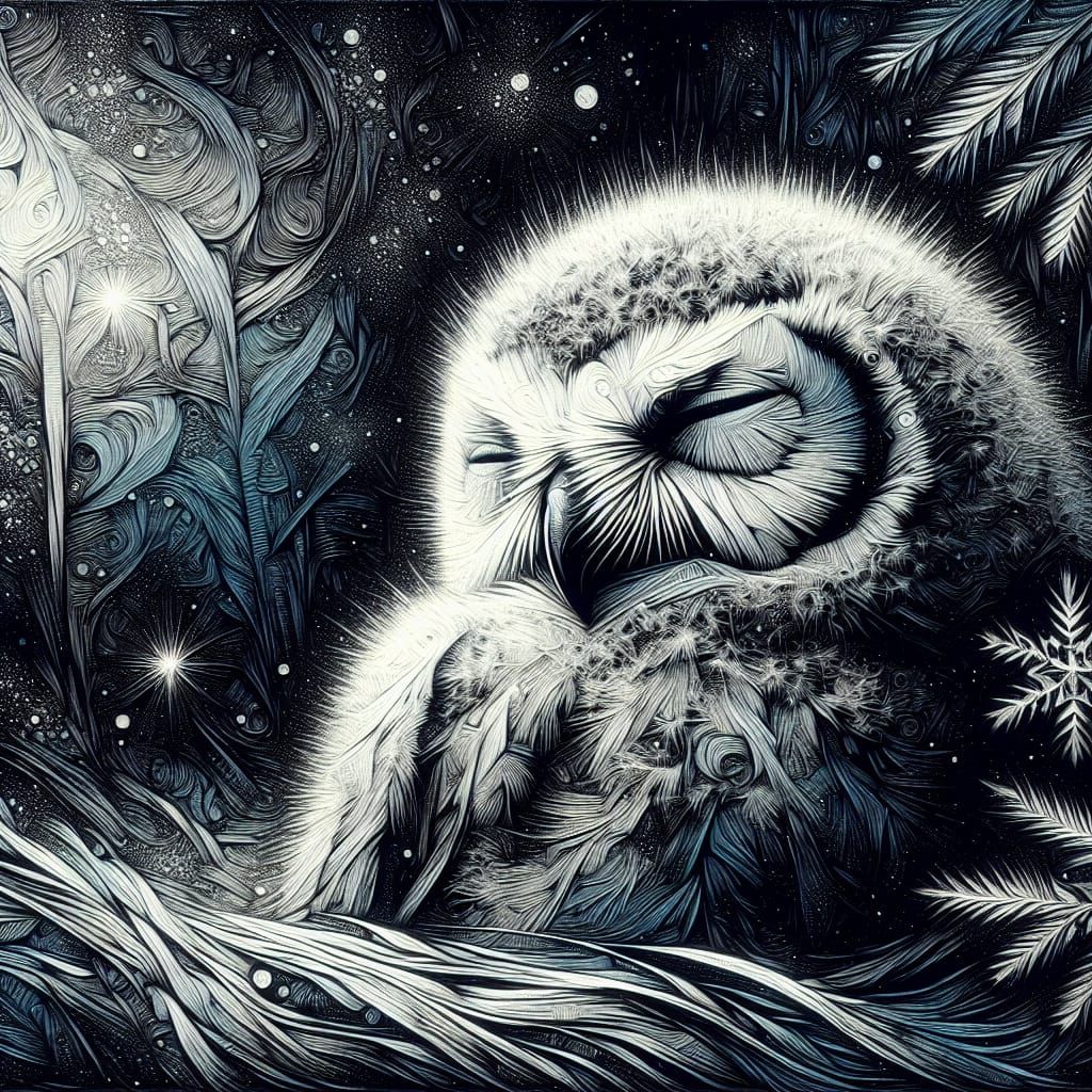 Majestic Snowy Owl in Whimsical Ink Wash