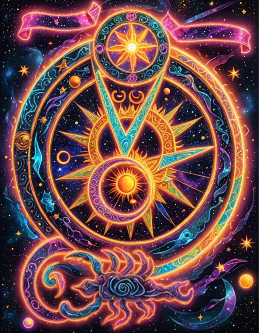 Cosmic Sun with Zodiac Symbols in Astral Illustration