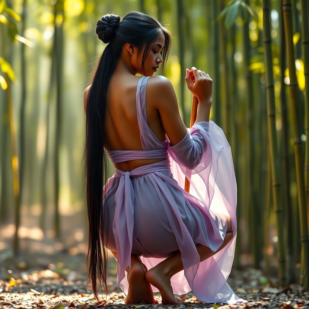 Serene Tamil Indian Woman in Bamboo Forest
