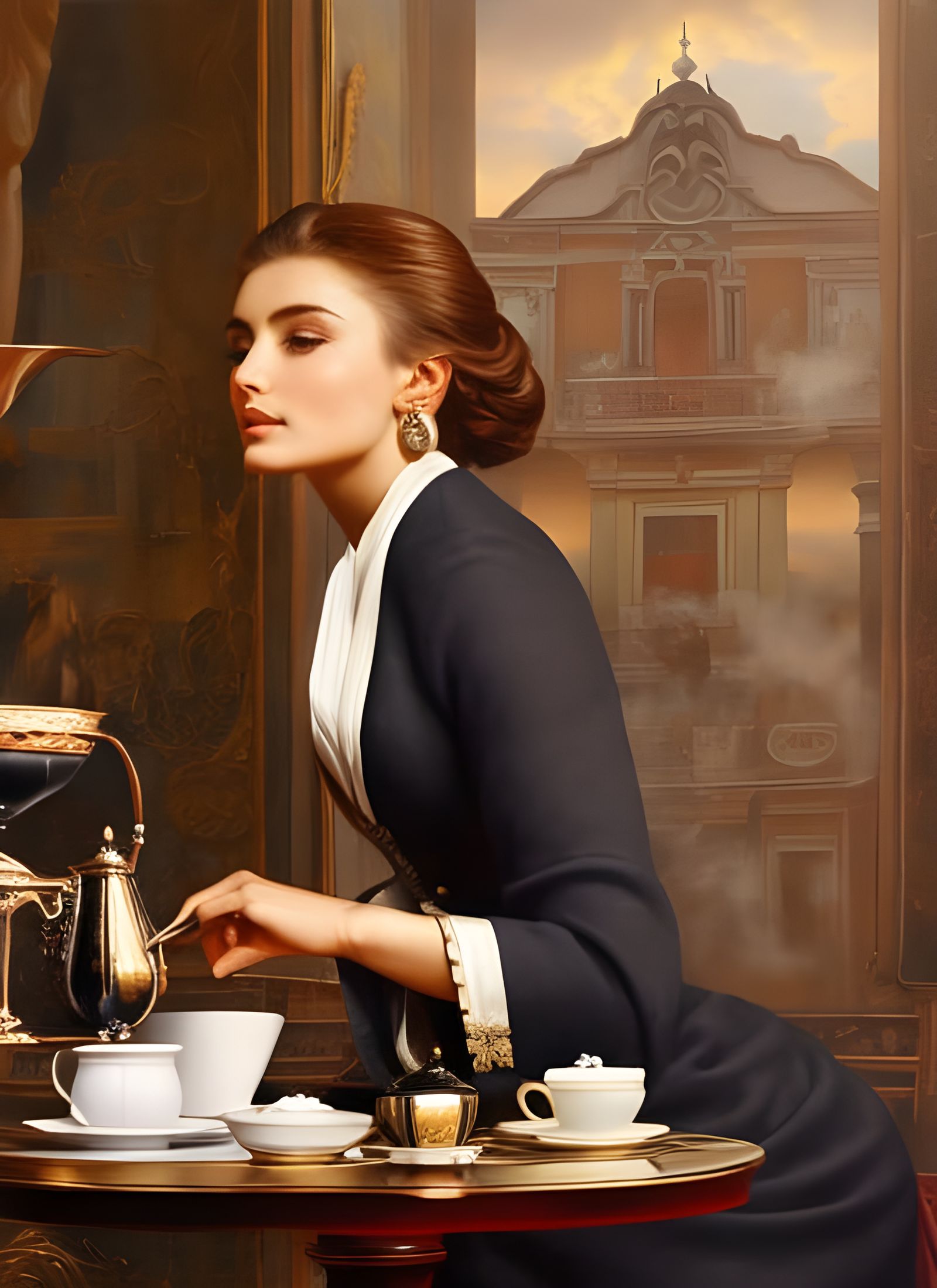Beautiful Woman Having Tea in Cafe: Photorealistic Portrait