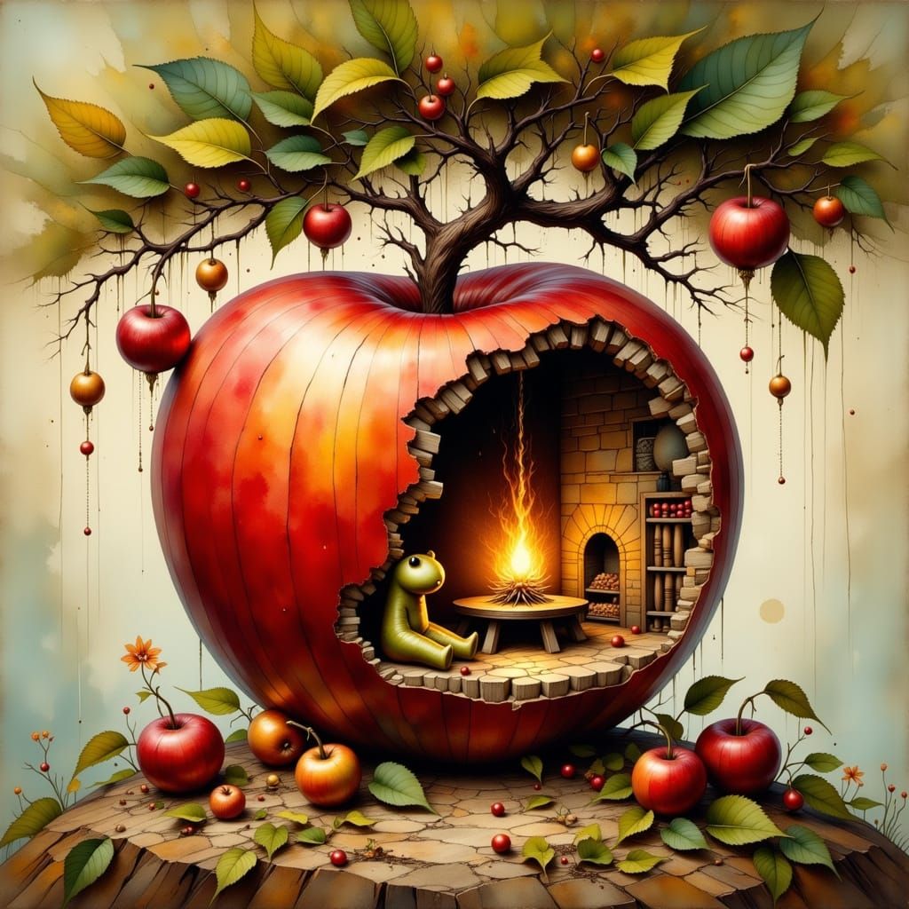 Majestic Apple Tree in Whimsical Watercolor