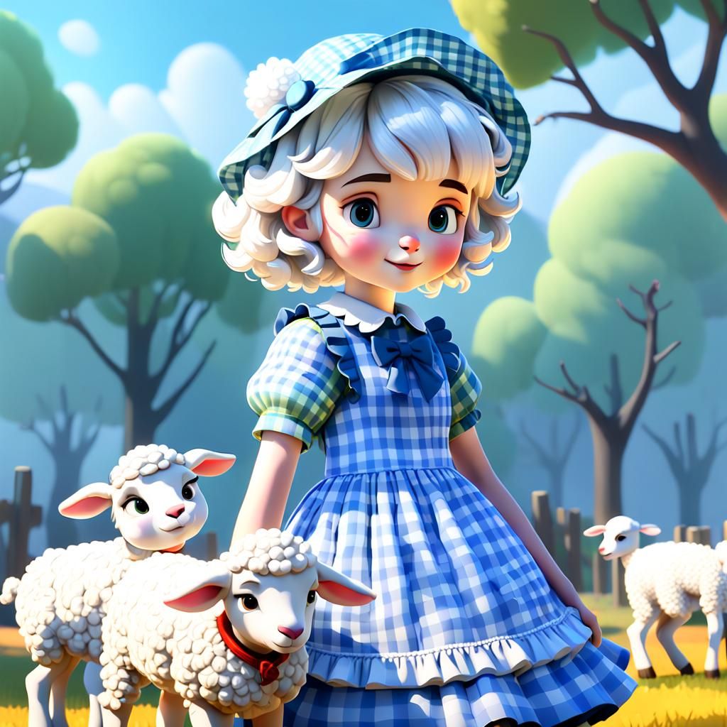 Shy Shepherdess with Lamb: 3D Digital Art