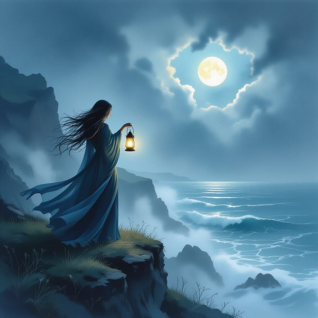 Woman on Cliff Overlooking Stormy Sea with Lantern