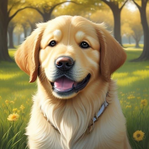 Joyful Golden Retriever Puppy Kisses Person in Sunlit Park