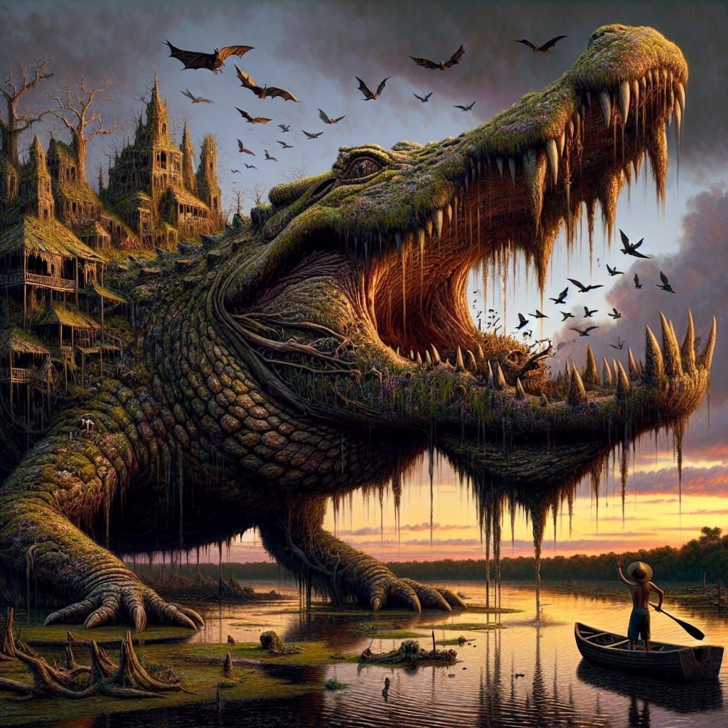Surreal Alligator Waterfall Scene in Gothic Style