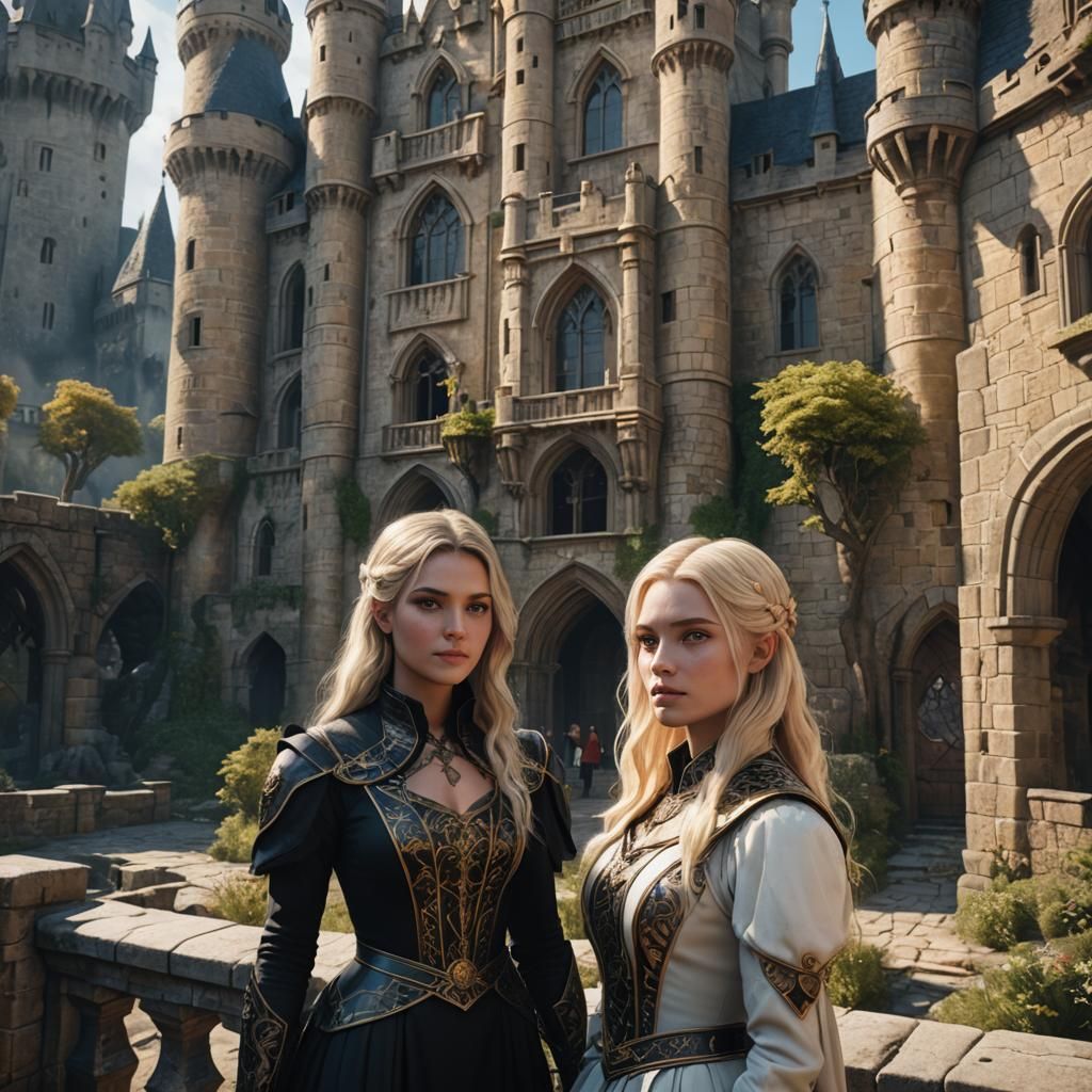 Two Girls in Castle: Detailed Matte Painting