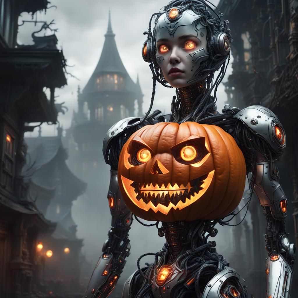 Crystal Robot Girl with Halloween Pumpkin