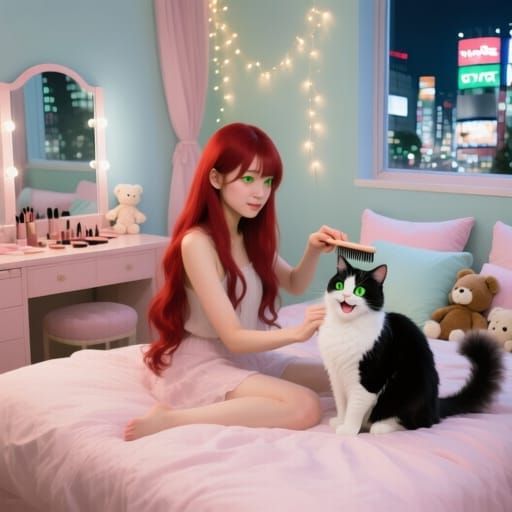 Woman Brushing Fluffy Cat in Feminine Bedroom