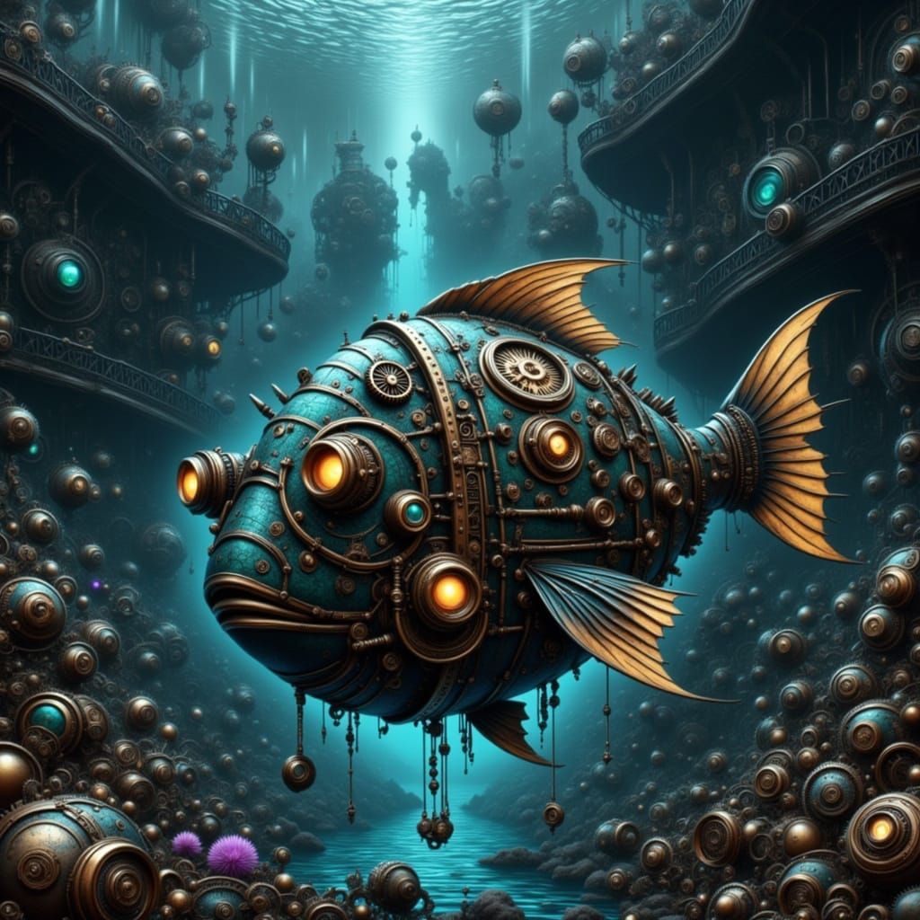 Bioluminescent Steampunk City on Ocean Floor