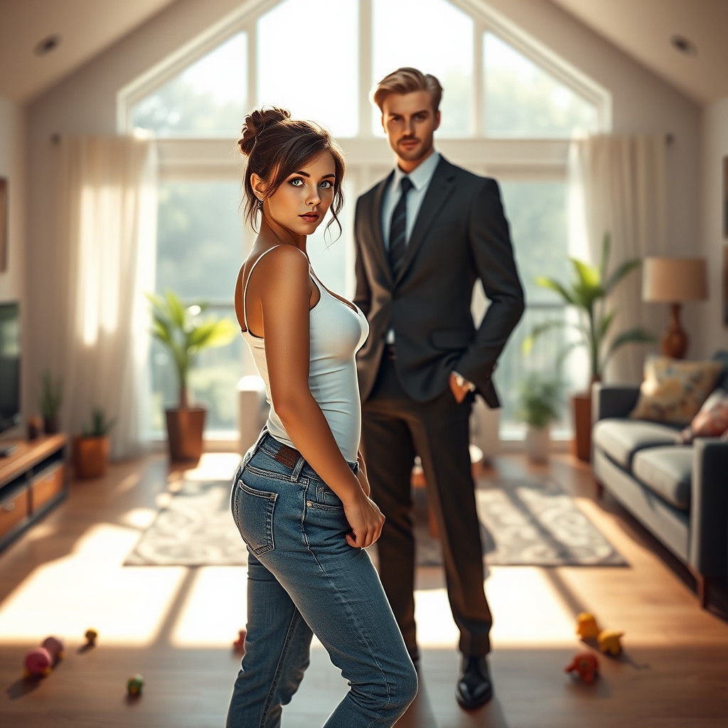 Hyperrealistic Woman and Man in Sunlit Living Room