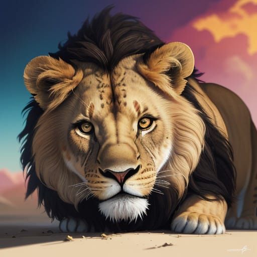 Lion Cub in Hyperrealistic Sunset Splash Art