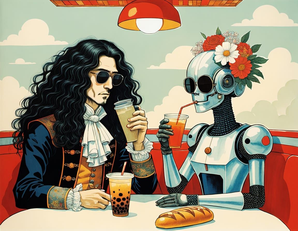 Surreal Retro-Futuristic Diner Scene with Dandy and Cyborg