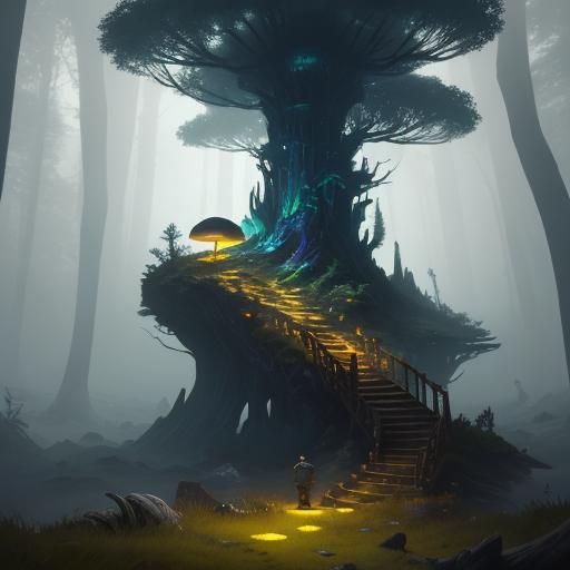 Ethereal Fisherman on Glowing Mushroom, Fantasy Art