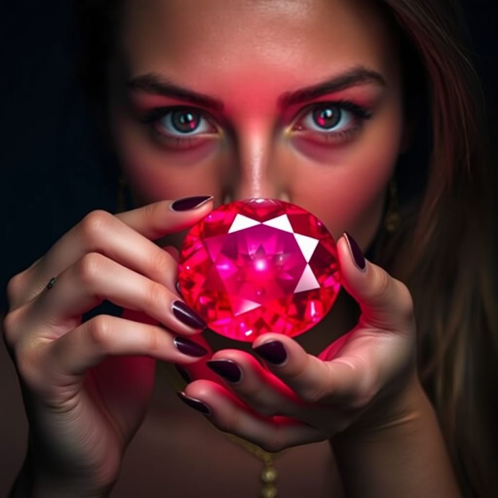 Woman with Luminescent Ruby on Dark Background