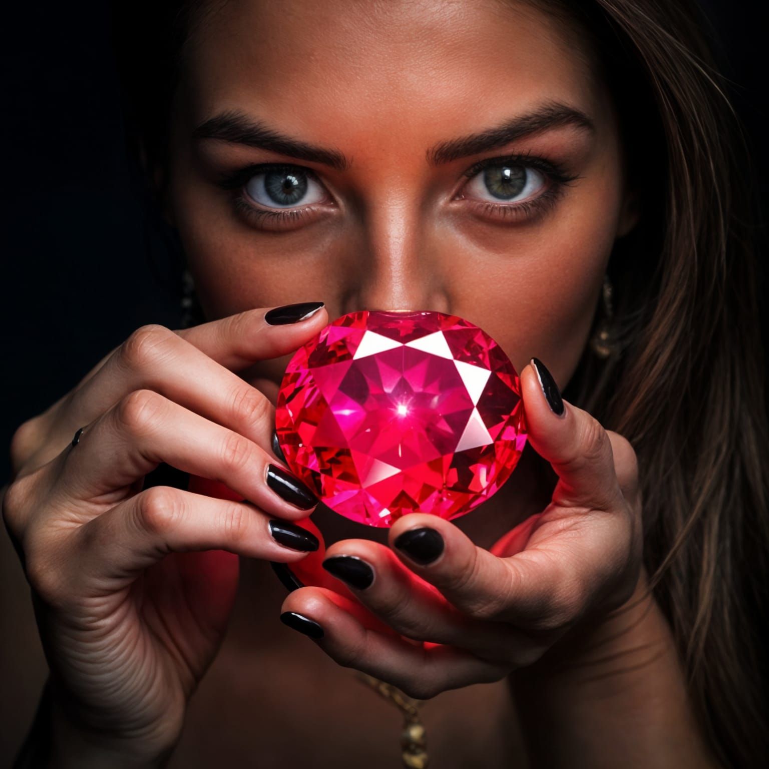Woman with Luminescent Ruby on Dark Background