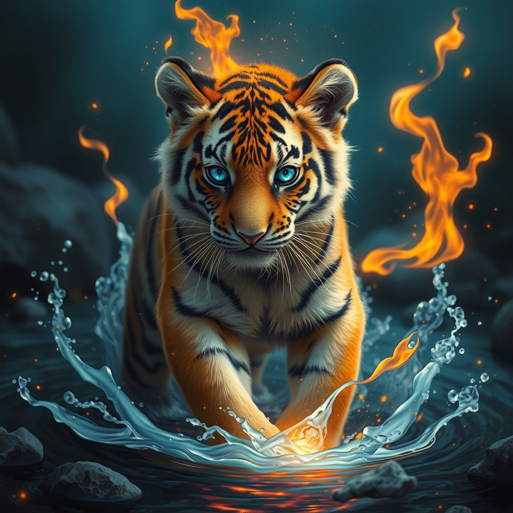 Magical Tiger Cub Conjuring Elements in Digital Painting