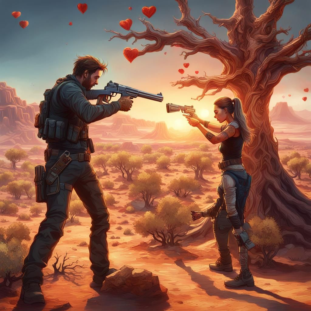 Guns and Roses: Desert Standoff in Digital Art