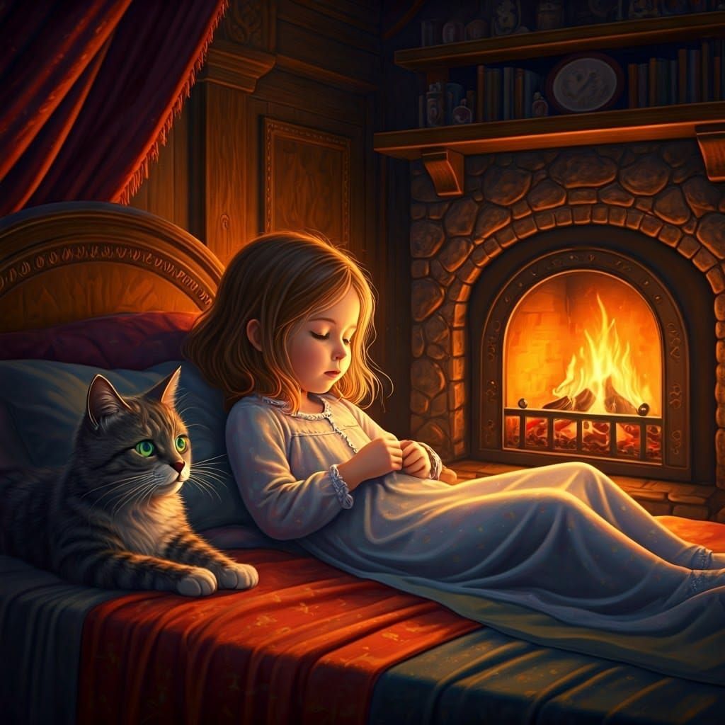 Cozy Room Scene with Girl, Cat and Puppy
