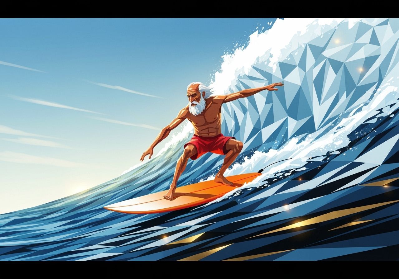Surreal Surfer Rides Polygonal Wave in Digital Art Style